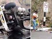 Publico se abalanza a recoger botellas de gaseosa de tráiler que volcó