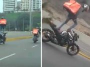 Repartidor Delivery hace peligrosas acrobacias en la Bajada de Armendariz en Miraflores