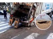 Huacho: Camión de la basura se hundió en la pista y casi vuelca frente a la Municipalidad