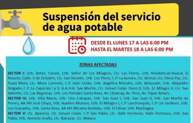 Habrá suspensión del servicio de agua potable este lunes 17 en Huaral.