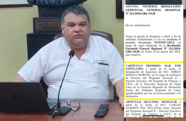 Médico Mirko Molina es destituido del cargo de director del hospital de Chancay.