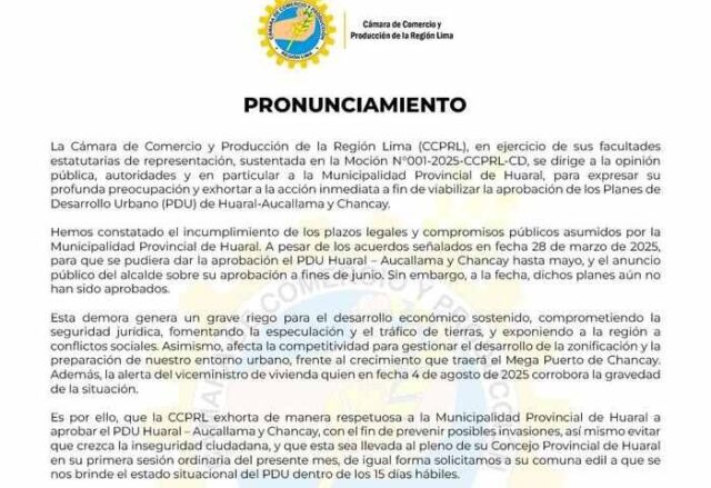 Cámara de Comercio alerta retraso en aprobación de planes de desarrollo urbano en Huaral, Aucallama y Chancay