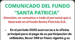 Fundo Santa Patricia inicia pago de utilidades a su personal periodo 2025