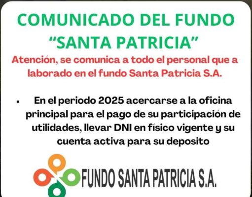 Fundo Santa Patricia inicia pago de utilidades a su personal periodo 2025